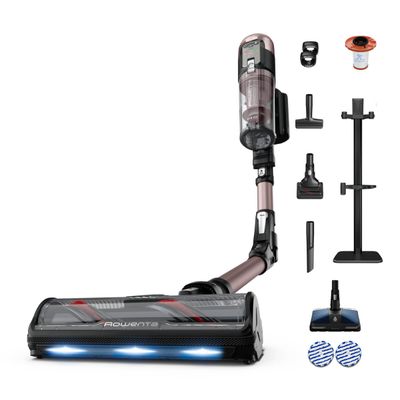 Aspirator vertical Rowenta X-Force Flex 16.60 Aqua RH9CD9E0, 780W, autonomie 120 min, tehnologie flex, display control, accesorii animal care, statie incarcare, recipient praf 0.65L, perie cu LED, roz&negru 