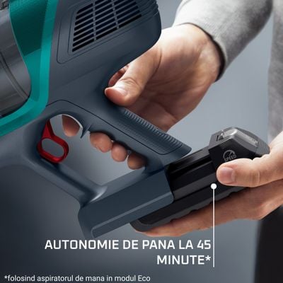 Aspirator vertical Rowenta X-Pert Essential 6.60 Animal RH6820WO, 100 W, 18 V, autonomie 45 minute, recipient 0.55 L, perie cu LED, tehnologie ciclonica, functie boost, verde