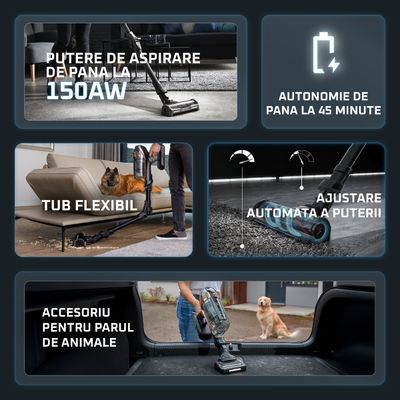 Aspirator vertical Rowenta X-Force Flex 12.60 cu mop Aqua RH98C8WO, 320W, 45 minute autonomie, baza de incarcare, tehnologie flex, Albastru/ negru
