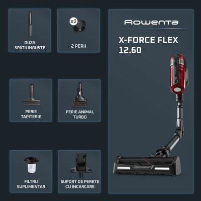 Aspirator vertical Rowenta X-Force Flex 12.60 RH98A8WO, 2 in 1, putere 320 W, putere aspirare 150 AirWats, autonomie pana la 45 min, tehnologie ciclonica, Animal Care, Negru/rosu