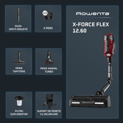Aspirator vertical Rowenta X-Force Flex 12.60 cu mop Aqua RH98C8WO, 320W, 45 minute autonomie, baza de incarcare, tehnologie flex, Albastru/ negru