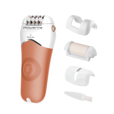 Epilator Rowenta Aqua Soft EP4920F0, 40 min autonomie, Wet&Dry, 4 accesorii, Skin Respect technology, bile pentru masaj, corai
