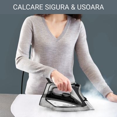 Fier de calcat cu abur Rowenta Expertis Anti-Calc DW7025D1, 2700 W, jet de abur 180 g/min, abur variabil 45 g/min, rezervor apa 300 ml, talpa Microsteam 400 HD Laser, functie antipicurare, abur vertical, negru & verde