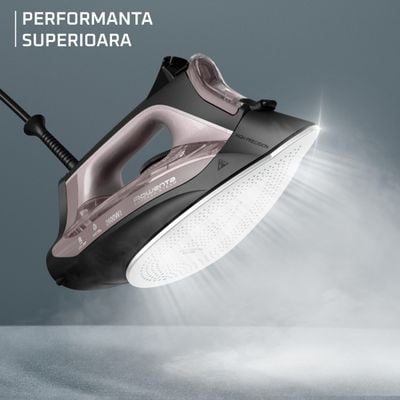 Fier de calcat cu abur Rowenta Rowenta Express DW4345D1. 2600 W, jet de abur 200 g/min, abur variabil 0-40 g/min, rezervor apa 250 ml, talpa Microsteam 350 Laser, functie antipicurare, abur vertical, mod Eco, negru & roz