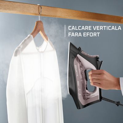 Fier de calcat cu abur Rowenta Rowenta Express DW4345D1. 2600 W, jet de abur 200 g/min, abur variabil 0-40 g/min, rezervor apa 250 ml, talpa Microsteam 350 Laser, functie antipicurare, abur vertical, mod Eco, negru & roz