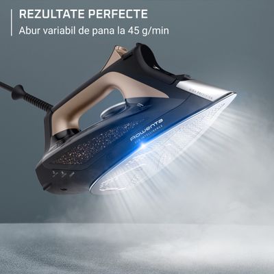 Fier de calcat cu abur Rowenta Eco Intelligence DW6341D1, 2500 W, jet de abur 190 g/min, abur variabil 0-45 g/min, rezervor apa 300 ml, talpa Microsteam 400 HD 3De Laser, functie antipicurare, abur vertical, negru & crem