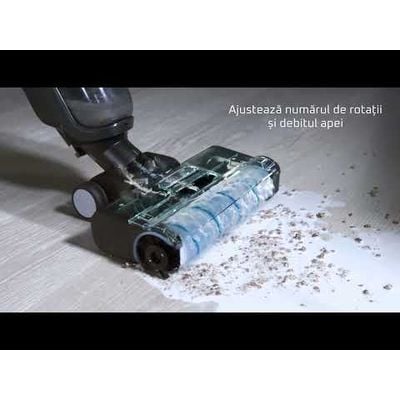 Aspirator cu spalare Rowenta X-Clean 4 GZ5037WO, 200W, 425 RPM, pana la 50 min autonomie, ecran LED, functie autocuratare, baza de incarcare, nivel scazut de zgomot, gri & negru