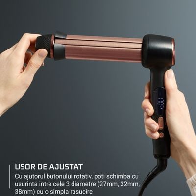 Ondulator de par Rowenta Twist Curl CF4620E0, ajustabil pe 3 diametre, temperatura ajustabila, invelis ceramic, 75 W, negru & roz