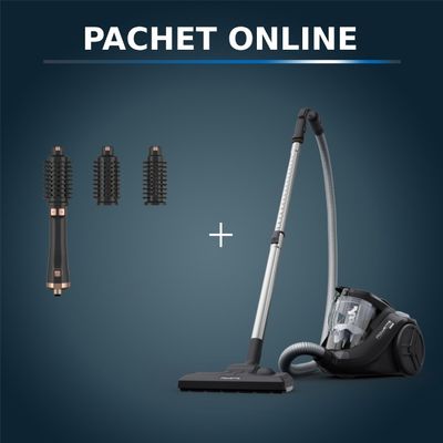 Pachet PROMO Aspirator fara sac Rowenta Compact Power Cyclonic RO3725EA 750W si Peria rotativă cu aer cald Rowenta Ultimate Experience CF9620F0