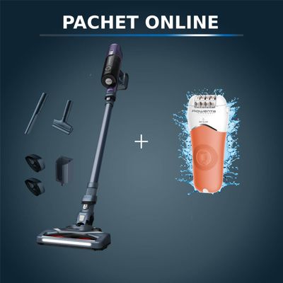 Pachet PROMO Aspirator vertical fără fir Rowenta  X-Pert 6.60 Essential RH6838WO & Epilator Rowenta Aqua Soft EP4920F0, 4 accesorii