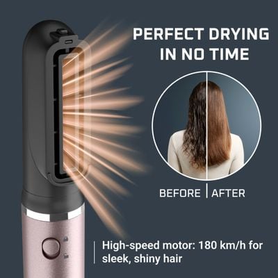 Perie cu aer cald Rowenta Ultimate Experience Air Nano UB9B20E0, 950 W, 3 trepte de viteza si temperatura, non-rotativa, generator de ioni, invelis ceramic, 2 perii, 1 capat uscare, geanta de transport, grilaj detasabil, varf rece, roz & negru