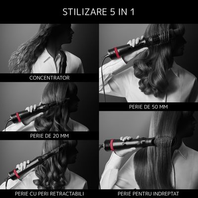 Perie cu aer cald Rowenta x Karl Lagerfeld Express Style CF635LF0, 800W, cablu rotativ 360&deg;, 3 trepte de viteza / temperatura, 5 accesorii, invelis Keratin & Glow, functie hair respect, negru
