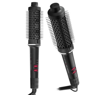 Perie cu aer cald Rowenta x Karl Lagerfeld Powerbrush UB572LE0, 55 W, 2 trepte temperatura, invelis ceramic, generator de ioni, diametru 38 mm, varf rece, inel de agatare, negru & rosu