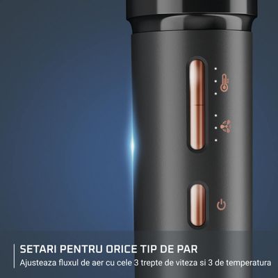 Perie multifunctionala cu aer cald Rowenta Air Shape UB9820E0, non-rotativa, invelis ceramic, generator de ioni, 3 trepte viteza/temperatura, concentrator, negru & bronz