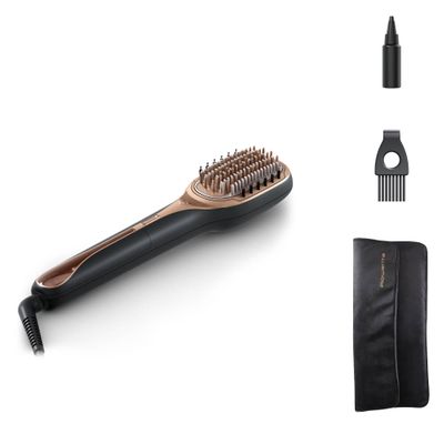Perie de par reparatoare cu abur Rowenta Hair Therapist&trade; CF9940F0, 165 W, tehnologie Thermal Care, invelis Keratin, oprire automata, afisaj LED, geanta pentru transport, negru/maro