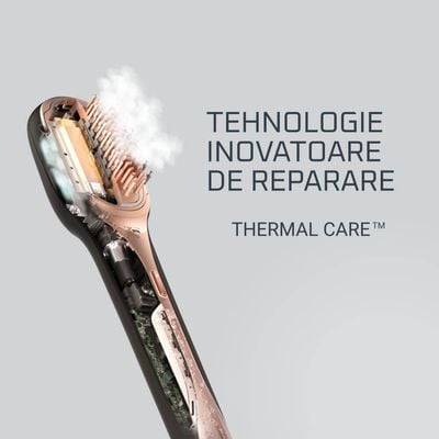Perie de par reparatoare cu abur Rowenta Hair Therapist™ CF9940F0, 165 W, tehnologie Thermal Care, invelis Keratin, oprire automata, afisaj LED, geanta pentru transport, negru/maro