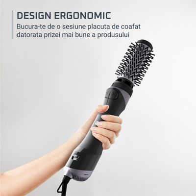 Perie rotativa cu aer cald Rowenta Brush Activ UB9534F0, 1000W, 2 trepte de viteza & temperatura, 2 perii rotative 40/50mm, 1 perie de 30 mm, 1 perie paddle, husa inclusa, generator de ioni, invelis ceramic, negru & argintiu