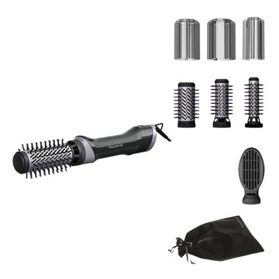 Perie rotativa cu aer cald Rowenta Brush Activ UB9534F0, 1000W, 2 trepte de viteza & temperatura, 2 perii rotative 40/50mm, 1 perie de 30 mm, 1 perie paddle, husa inclusa, generator de ioni, invelis ceramic, negru & argintiu