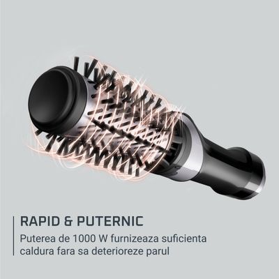 Perie rotativa cu aer cald Rowenta Brush Activ UB9534F0, 1000W, 2 trepte de viteza & temperatura, 2 perii rotative 40/50mm, 1 perie de 30 mm, 1 perie paddle, husa inclusa, generator de ioni, invelis ceramic, negru & argintiu