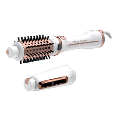 Perie rotativa cu aer cald Rowenta Brush Activ Ultimate Care CF9720F0, tehnologie Careful Heat, invelis quart ceramic si tehnologie Ionic Booster, design compact si ergonomic, 3 trepte de viteza, concentrator pentru pre-uscare, Alb