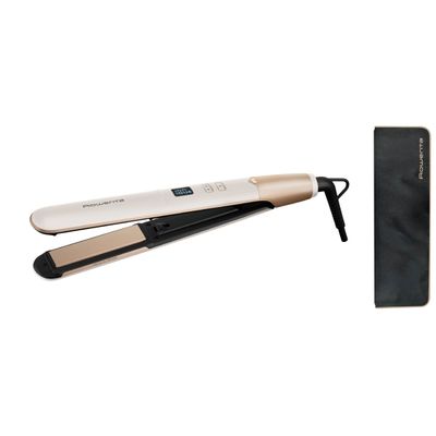 Placa de indreptat parul Rowenta Express Shine SF4633F0, 8 trepte de temperatura, placi glisante, invelis ceramic, varf rece, generator de ioni, geanta transport, crem & negru