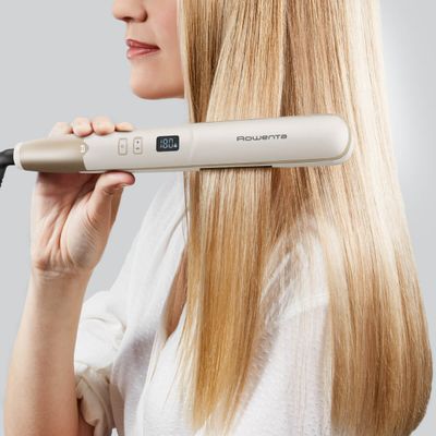 Placa de indreptat parul Rowenta Express Shine SF4633F0, 8 trepte de temperatura, placi glisante, invelis ceramic, varf rece, generator de ioni, geanta transport, crem & negru