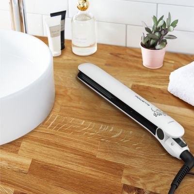 Placa de par Rowenta Easyliss Pure Collection SF1628F0, 200°C, invelis Ceramic Tourmaline, placi flotante, functie Straight & Curl, alb & gri