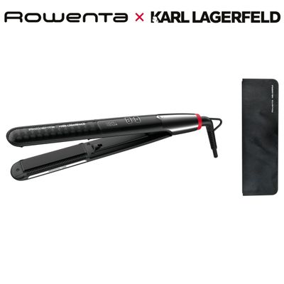 Placă de păr Rowenta X Karl Lagerfeld SF466LF0, &icirc;nveliș Keratin & Glow, plăci flotante, 140 - 210 grade, ecran LCD, negru
