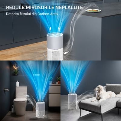 Purificator Rowenta Pure Air Compact PU2220F0, sistem de filtrare 3-in-1 HEPA, 3 trepte de viteza, mod auto, 3 filtre, functie Allergen Boost, alb