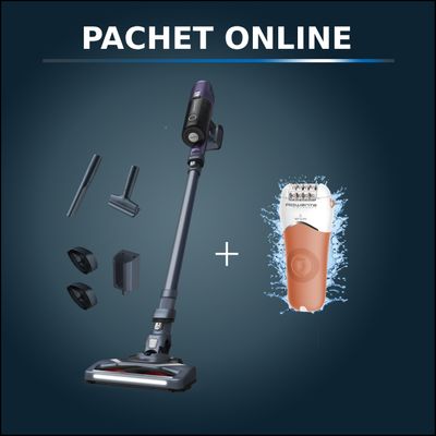 Pachet PROMO Rowenta Aspirator vertical fără fir X-Pert 6.60 Essential RH6838WO si Epilator Aqua Soft EP4920F0, 4 accesorii