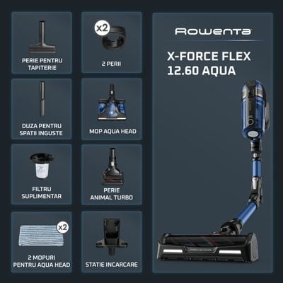 Aspirator vertical Rowenta X-Force Flex 12.60 Aqua RH98C0WO, 320 W, 0.9 l, Autonomie 45 minute, mop Aqua, Albastru/Negru