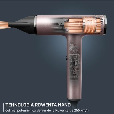 Uscator de par pliabil Rowenta Nano HY8530E0, 1700W, 3 trepte de viteza, 3 trepte de temperatura, 2 concentratoare, functie aer rece, generator de ioni, grilaj detasabil, roz & negru  