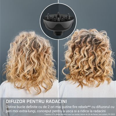 Uscator de par Rowenta Curl Harmony 3 in 1 CV7D30E0, 700 W, 2 trepte de viteza si temperatura, generator de ioni, grila detasabila, geanta de transport, crem & negru