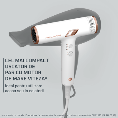 Uscator de par compact Rowenta Nano HY8140F0, 1700W, 3 trepte de viteza, 3 trepte de temperatura, duza de concentrare, difuzor volum, generator de ioni, flux de aer rece, grilaj detasabil, perie de curatare, alb