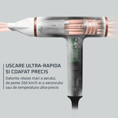 Uscator de par compact Rowenta Nano HY8140F0, 1700W, 3 trepte de viteza, 3 trepte de temperatura, duza de concentrare, difuzor volum, generator de ioni, flux de aer rece, grilaj detasabil, perie de curatare, alb