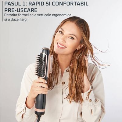 Uscator de par si perie cu aer cald Rowenta Reverso 2 in 1 CF9840F0, 1200W, 2 trepte de viteza si temperatura, accesoriu protectie inclus, negru