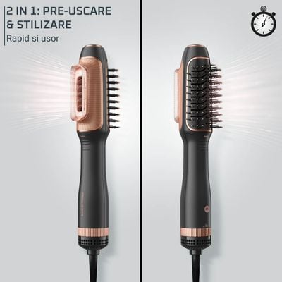 Uscator de par si perie cu aer cald Rowenta Reverso 2 in 1 CF9840F0, 1200W, 2 trepte de viteza si temperatura, accesoriu protectie inclus, negru