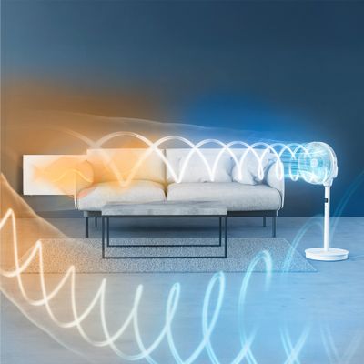 Ventilator cu picior Rowenta Turbo Silence Compact 3D Nomad QV5050F0, 20 W, 3 moduri automate, 20 trepte de viteza, telecomanda inclusa, inaltime ajustabila, motor Effitech, timer, cronometru, alb