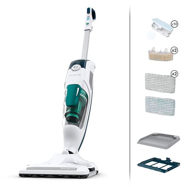 Aspirator cu abur Rowenta Clean & Steam Revolution RY7757WH, 1500W, autonomie abur până la 30 min, recipient praf 0.3L, recipient apă 0.47L, difuzor uleiuri esențiale, alb/albastru
