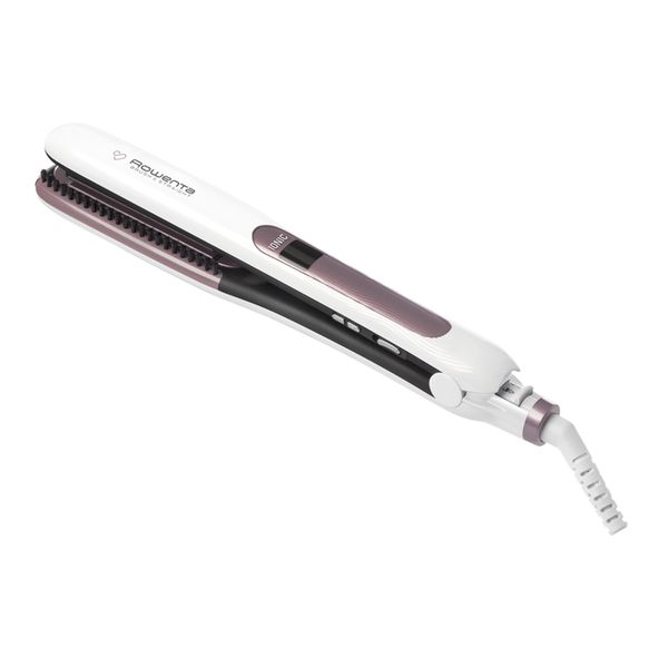 Placă de păr Rowenta Brush&Straight Premium Care SF7510F0, LCD, 130 - 200 °C, perie integrată cu peri turali, plăci mobile, ionizare, Cashmere Keratin, alb&mov