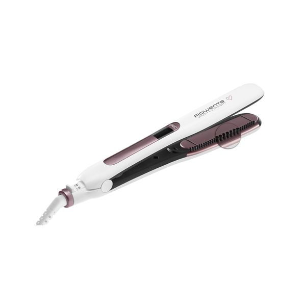 Placă de păr Rowenta Brush&Straight Premium Care SF7510F0, LCD, 130 - 200 °C, perie integrată cu peri turali, plăci mobile, ionizare, Cashmere Keratin, alb&mov