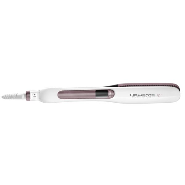 Placă de păr Rowenta Brush&Straight Premium Care SF7510F0, LCD, 130 - 200 °C, perie integrată cu peri turali, plăci mobile, ionizare, Cashmere Keratin, alb&mov