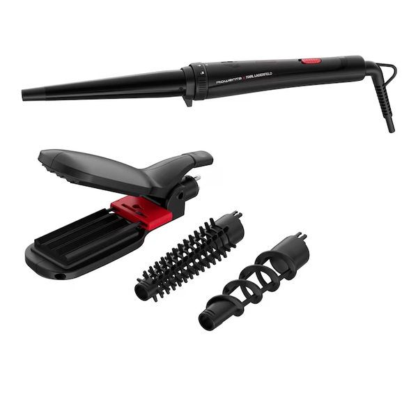 Aparat de coafat 9 in 1 ROWENTA x Karl Lagerfeld Infinite Looks CF422LF0, 9 accesorii, invelis ceramic, 48 W, varf rece, negru & rosu