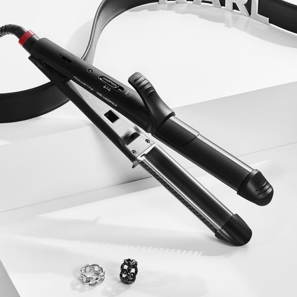 Aparat de coafat multifunctional 3 in 1 Rowenta x Karl Lagerfeld Fashion Stylist CF451LF0, 66 W, temperatura reglabila 170-200 °C, varf rece, generator de ioni, negru & rosu