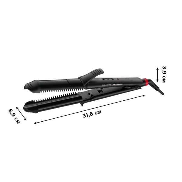Aparat de coafat multifunctional 3 in 1 Rowenta x Karl Lagerfeld Fashion Stylist CF451LF0, 66 W, temperatura reglabila 170-200 °C, varf rece, generator de ioni, negru & rosu