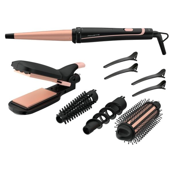 Aparat de coafat Rowenta Infinite Looks 14 în 1 CF4231F0, înveliș Ceramic, accesoriu conic pentru bucle, perie rotunda, negru&portocaliu