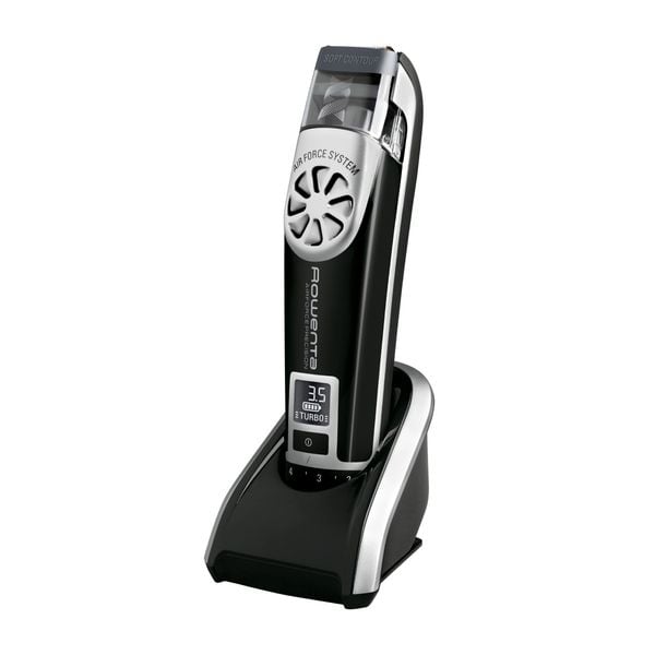 Aparat de tuns barba Rowenta Air Force Precision TN4851F0, autonomie 45 minute, lame cu invelis de titan, 8500 rpm, ecran LCD, sistem Soft Contour, negru & argintiu
