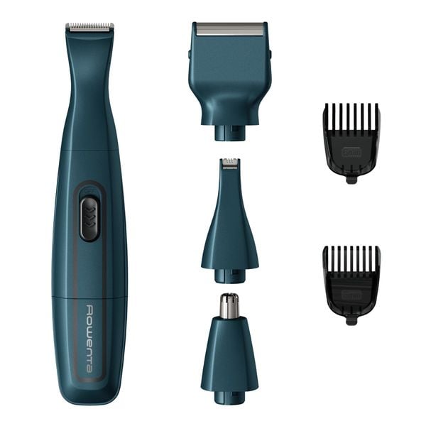 Aparat de tuns barba Rowenta Nomad TN3651F0, lame inox cu  &icirc;nveliş din titan, rezistent la apa, accesoriu pentru ras, baza de depozitare, albastru