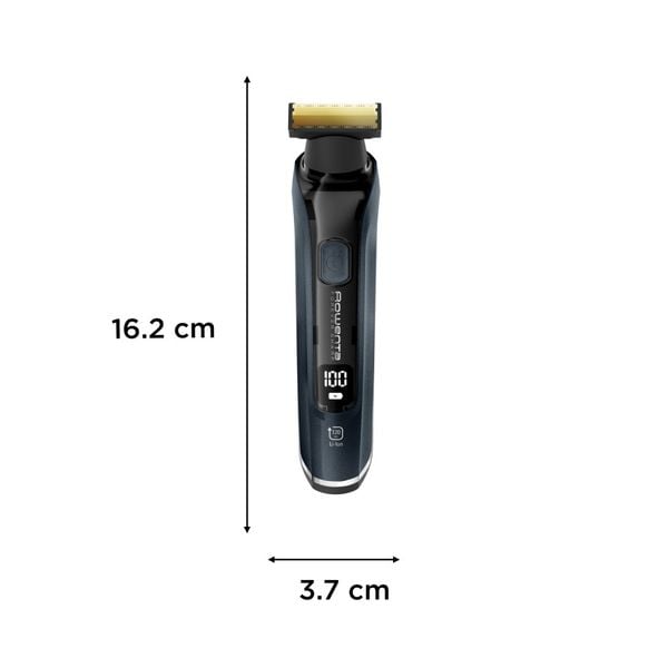 Aparat de tuns, conturat si barbierit Rowenta Forever Sharp Ultimate TN6204E0, lame din inox, invelis din titan, 8000 rpm, autonomie de pana la 120 minute, negru & albastru