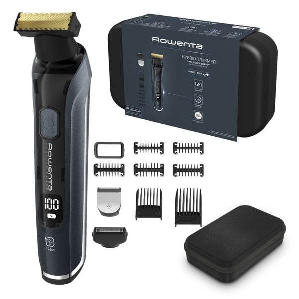 Aparat de tuns, conturat si barbierit Rowenta Forever Sharp Ultimate TN6204E0, lame din inox, invelis din titan, 8000 rpm, autonomie de pana la 120 minute, negru & albastru